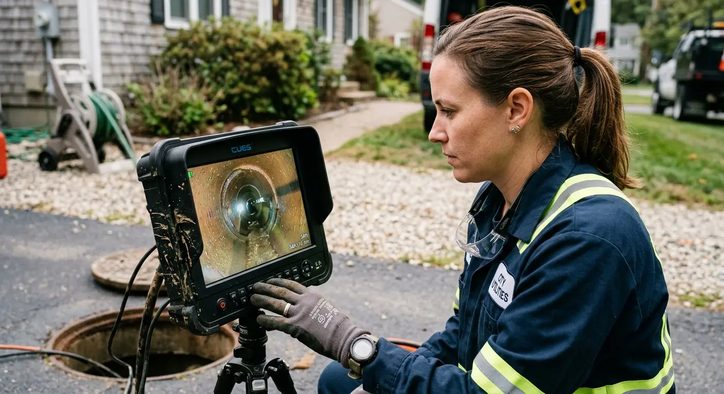 Technician reviewing sewer camera inspection footage in Thomasville
