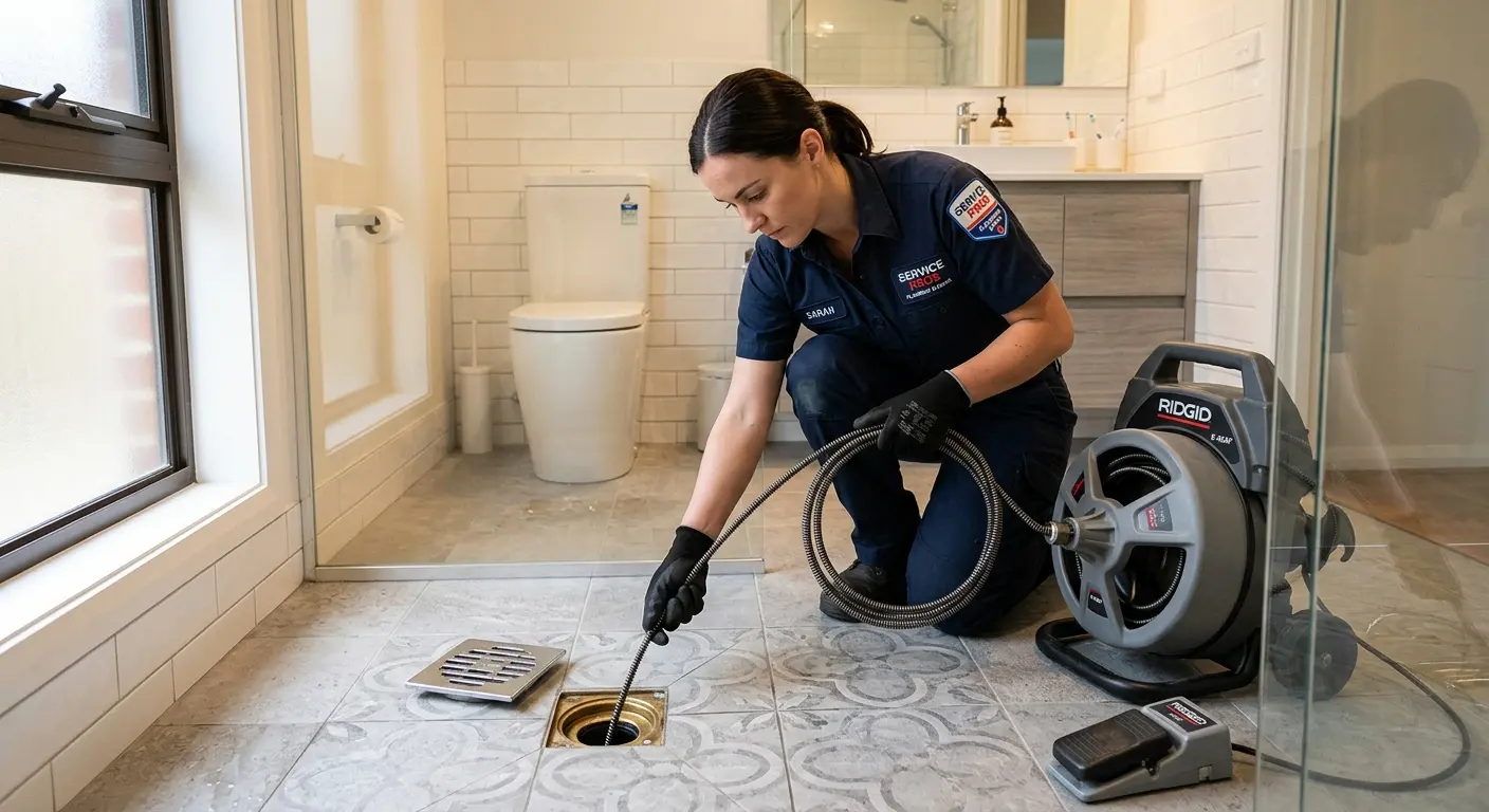 Technician clearing a bathroom floor drain for Sewer Line Replacement in Thomasville